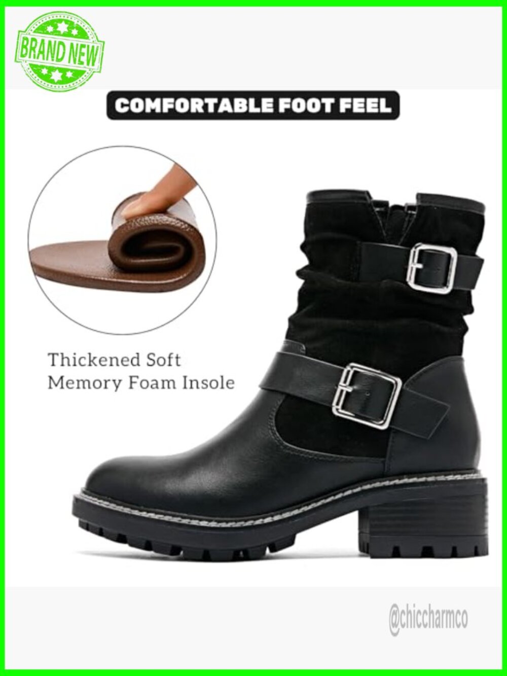 Ankle Boots Women Combat Booties Low Heel Round Toe Side Zip - Picture 4 of 7
